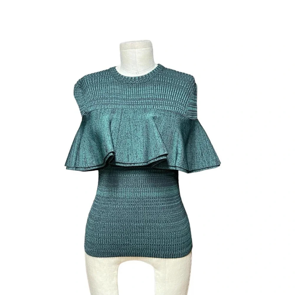 Apiece Apart Sweater Top Ruffle Ribbed Knit Marled‎ Green Black Size Small